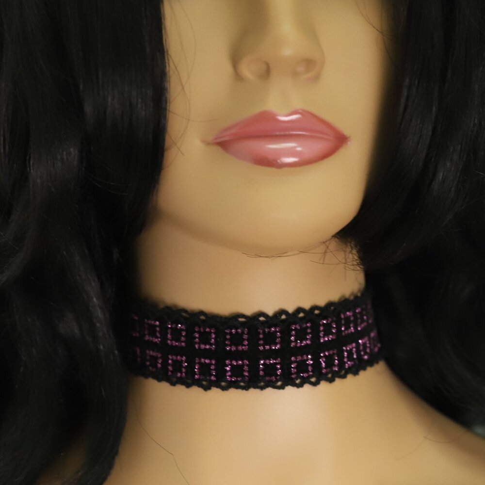 Black Purple Tone Choker Adjustable Length Fancy Texture Wide chokers (#79)